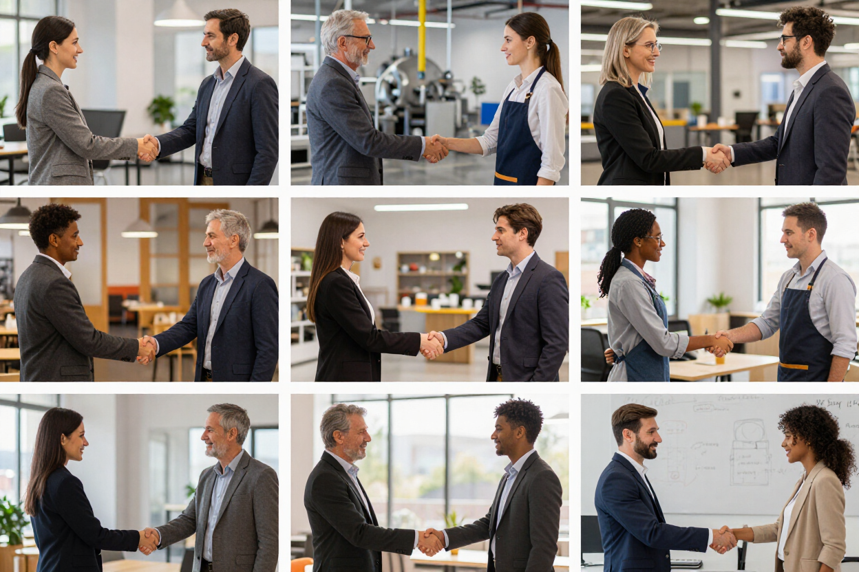 Empresarios estrechándose la mano en un collage de oficina, sonrientes y vestidos de manera formal.