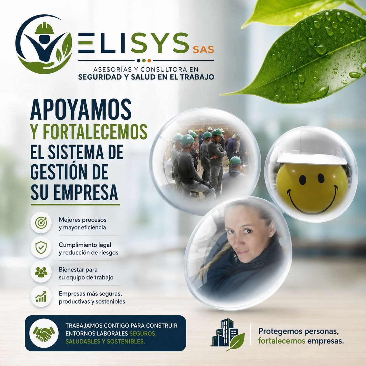 Promoción de ELISYS SAS sobre gestión empresarial y seguridad laboral, con fondo verde y fotos circulares de trabajadores.