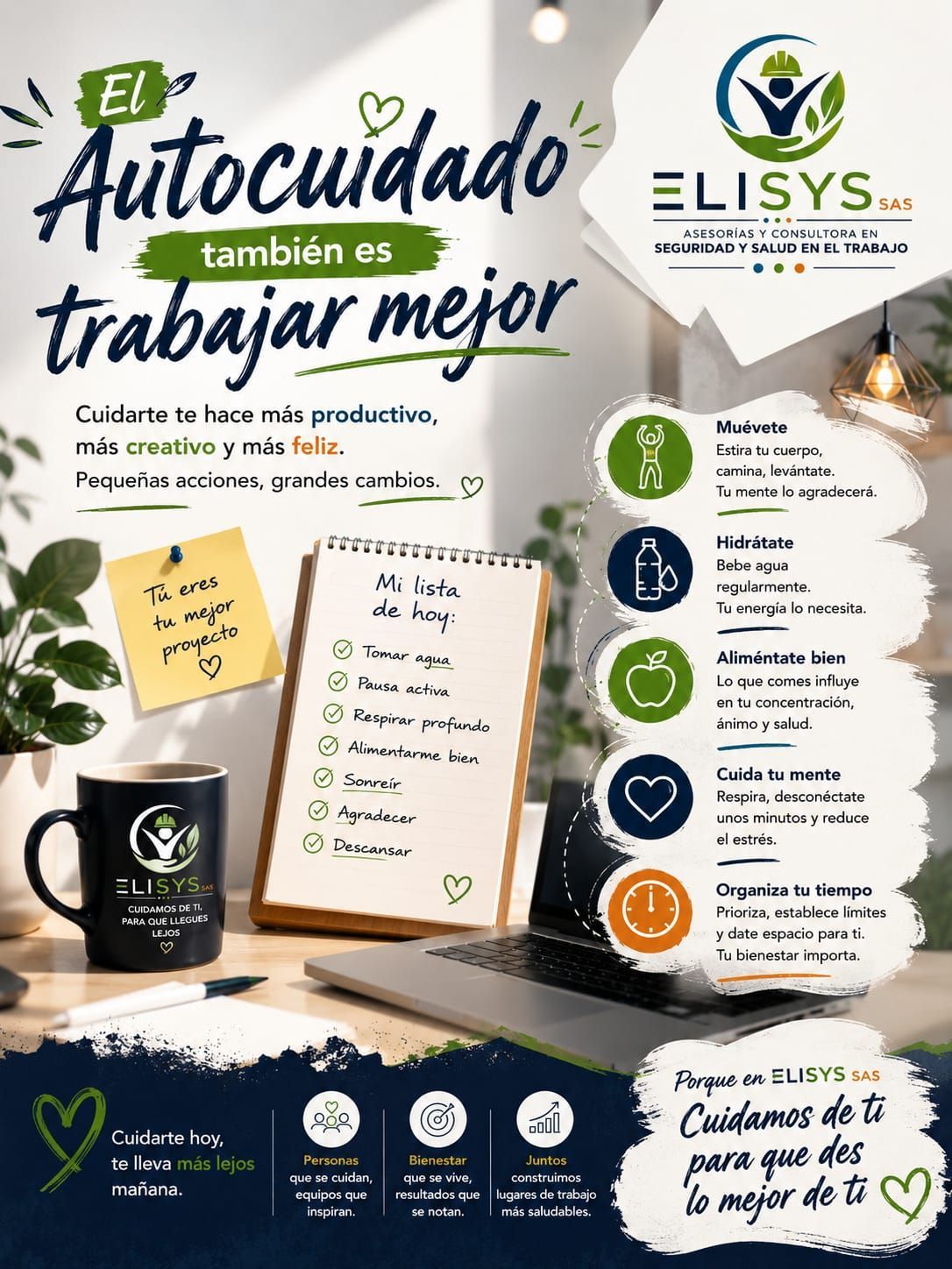Póster en español sobre teletrabajo, con una laptop, una taza y una lista de consejos en verde y negro.