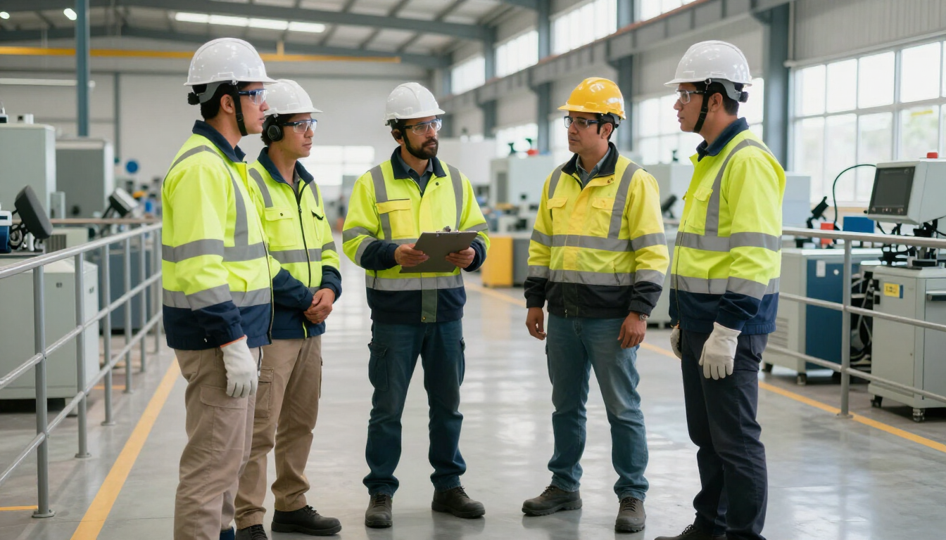 Cinco trabajadores con cascos y chalecos de seguridad conversan en el interior de una fábrica industrial.