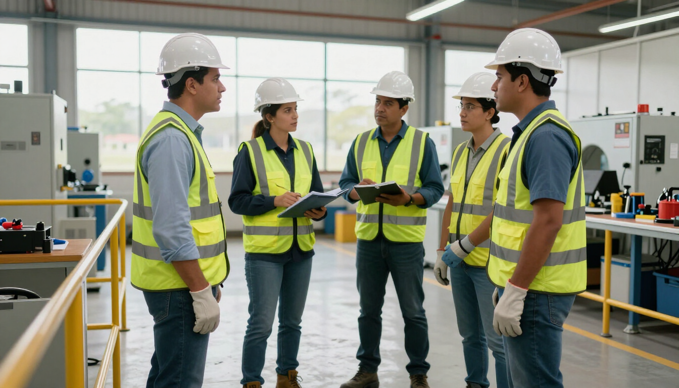 Equipo de trabajo conversando sobre prevención de riesgos laborales