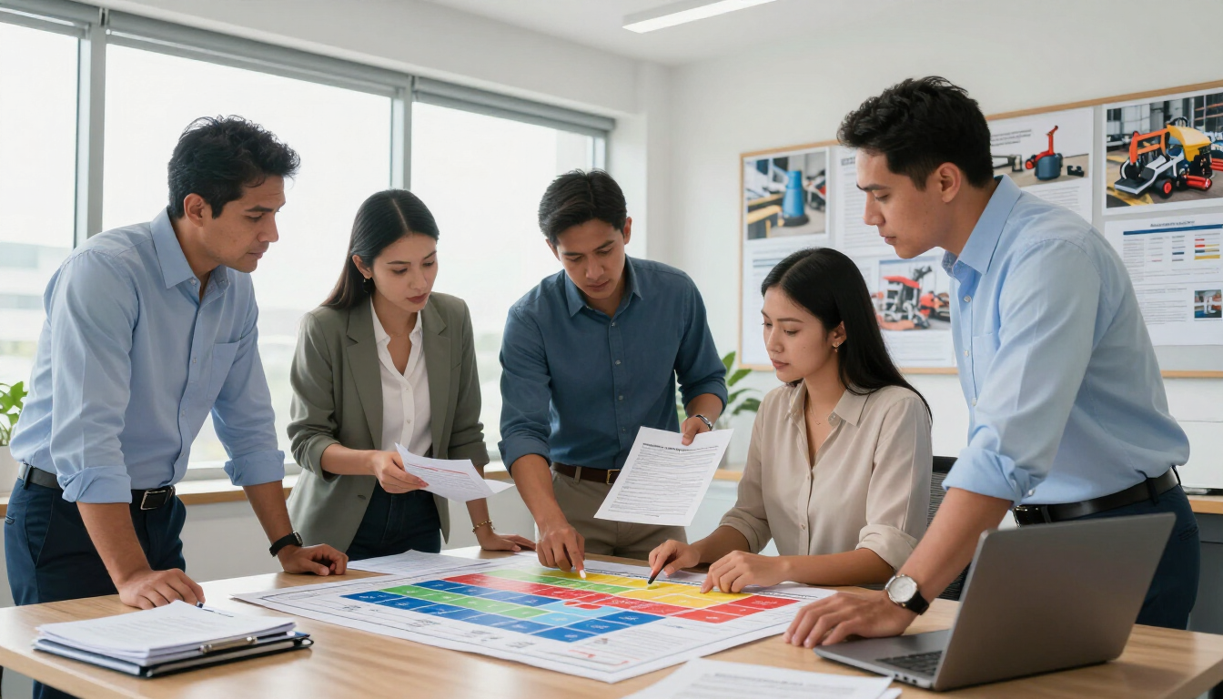 Equipo de trabajo analizando una matriz de riesgos laborales