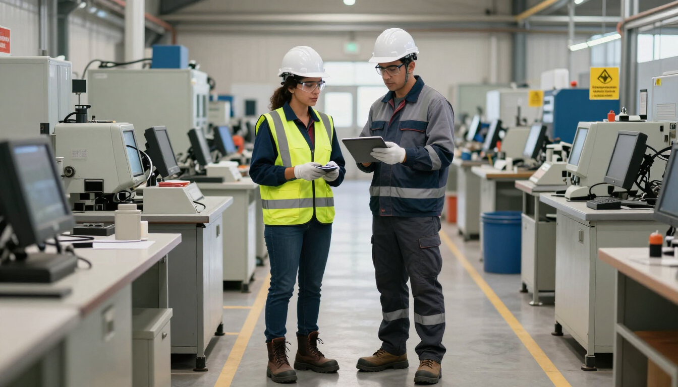 Trabajadora usando elementos de protección durante una inspección laboral
