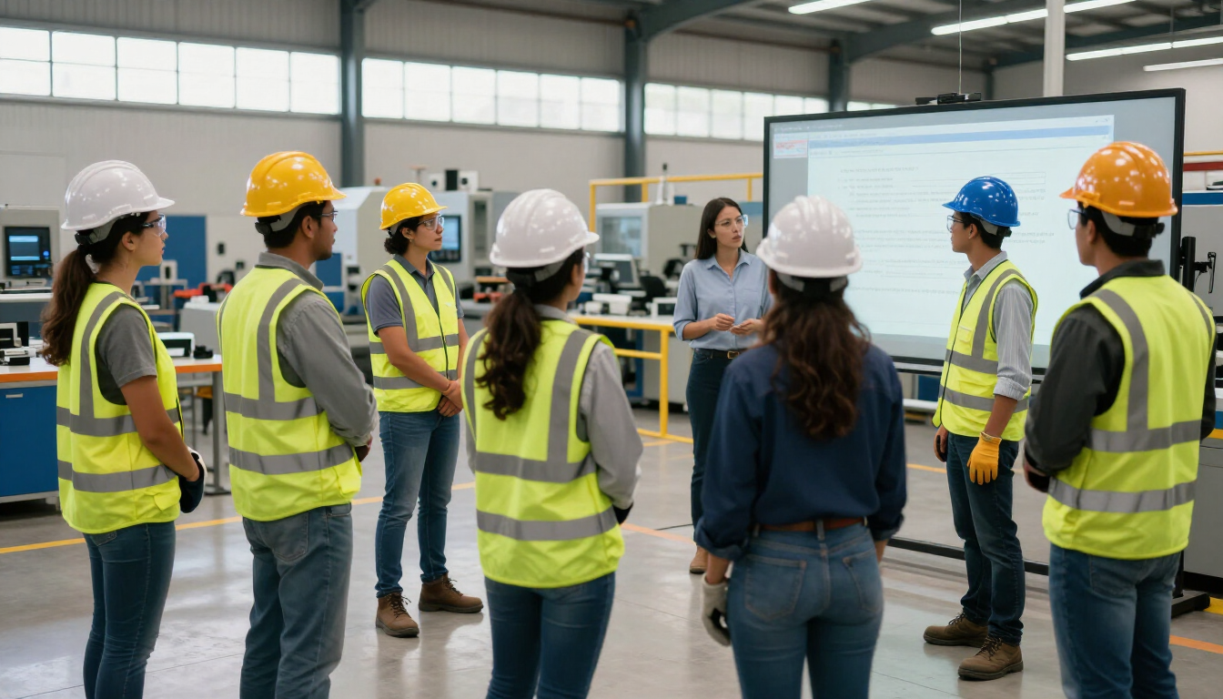 Aprendices de construcción con cascos y chalecos de seguridad se reúnen alrededor de un presentador en una sala de reuniones.