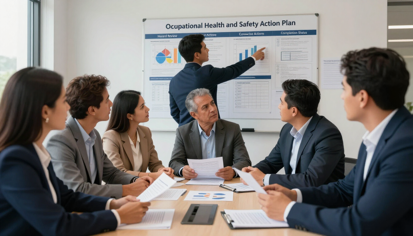 Equipo directivo revisando un plan de acción de seguridad y salud en el trabajo