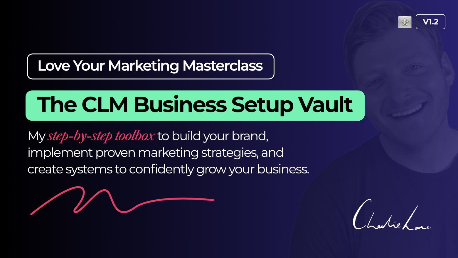 Marketing masterclass title slide with a smiling man. Headline: 