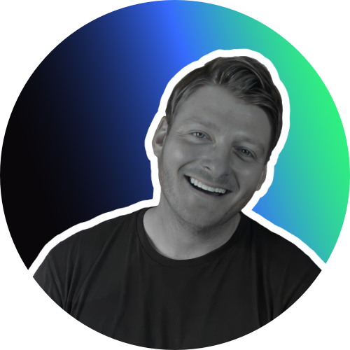 Smiling man in black t-shirt against a gradient background of blue and green.