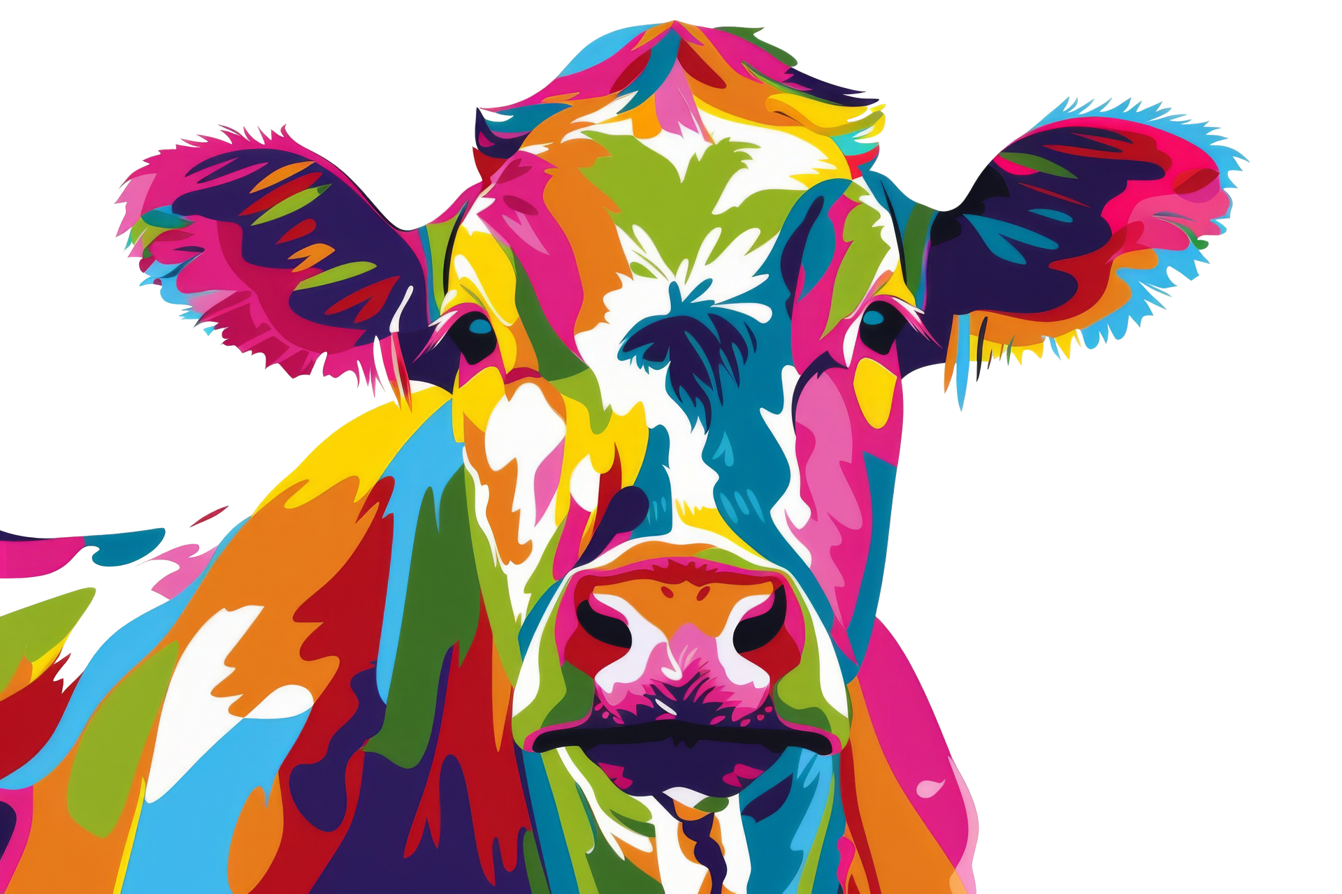 Colorful pop art cow with a white background.