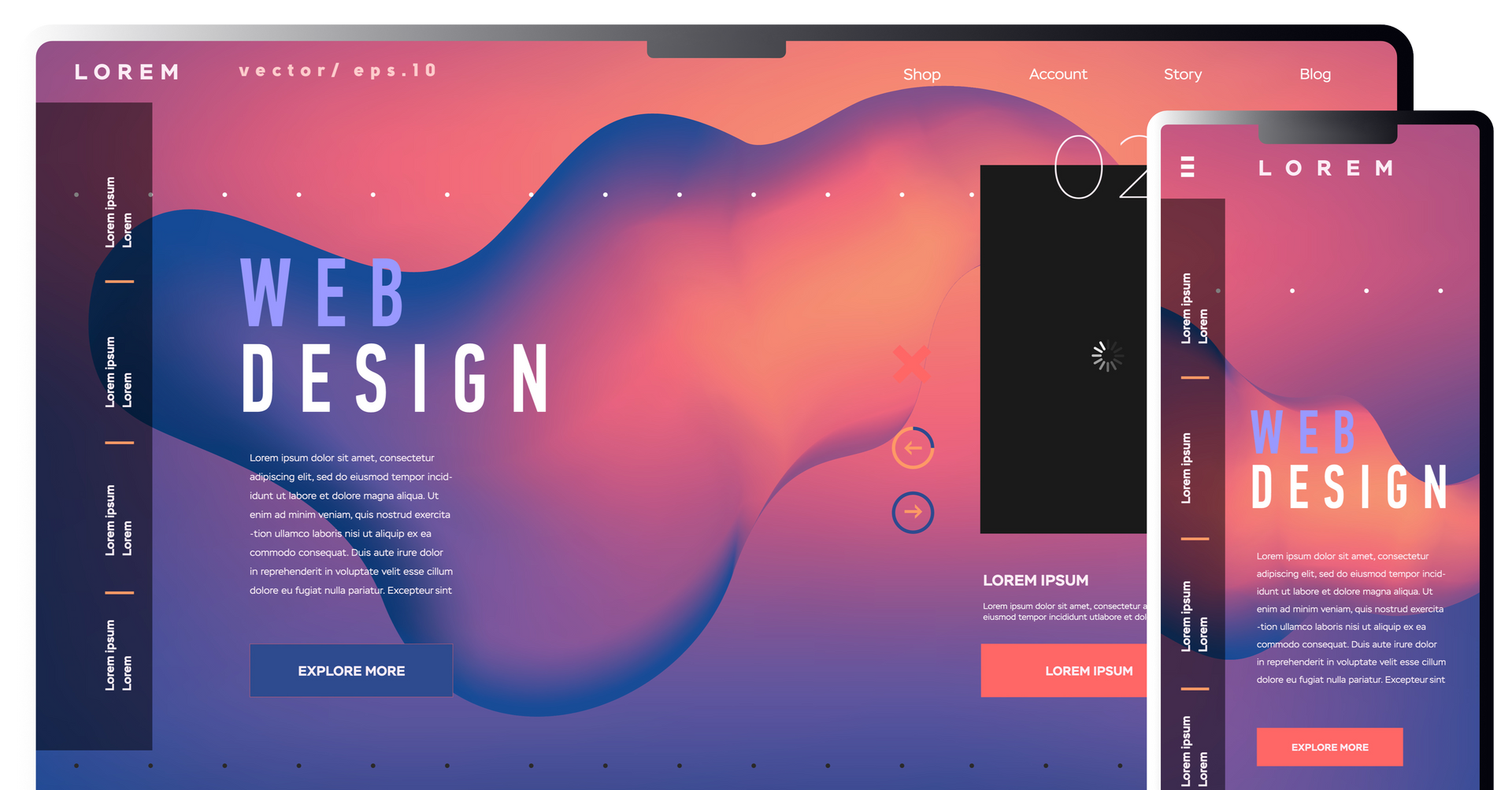 Web design mockup on a desktop and mobile device, featuring a gradient background, white text, and a call to action button.