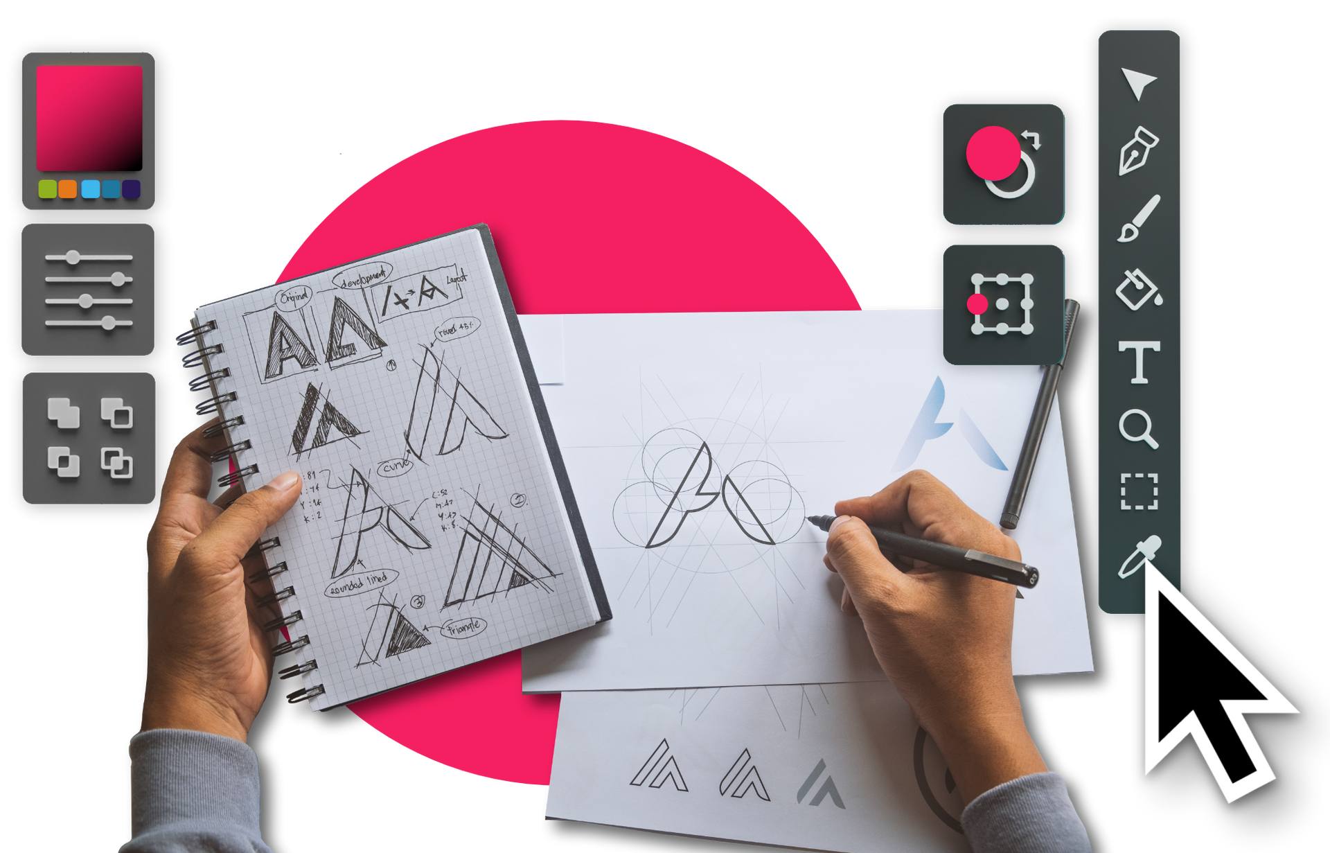 Person sketching with tools on screen, holding a sketchbook with triangular designs. Pink circle, gray tools.