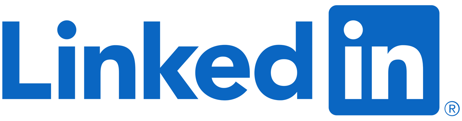 LinkedIn logo in blue, with the word