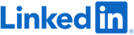 LinkedIn logo in blue. The word 