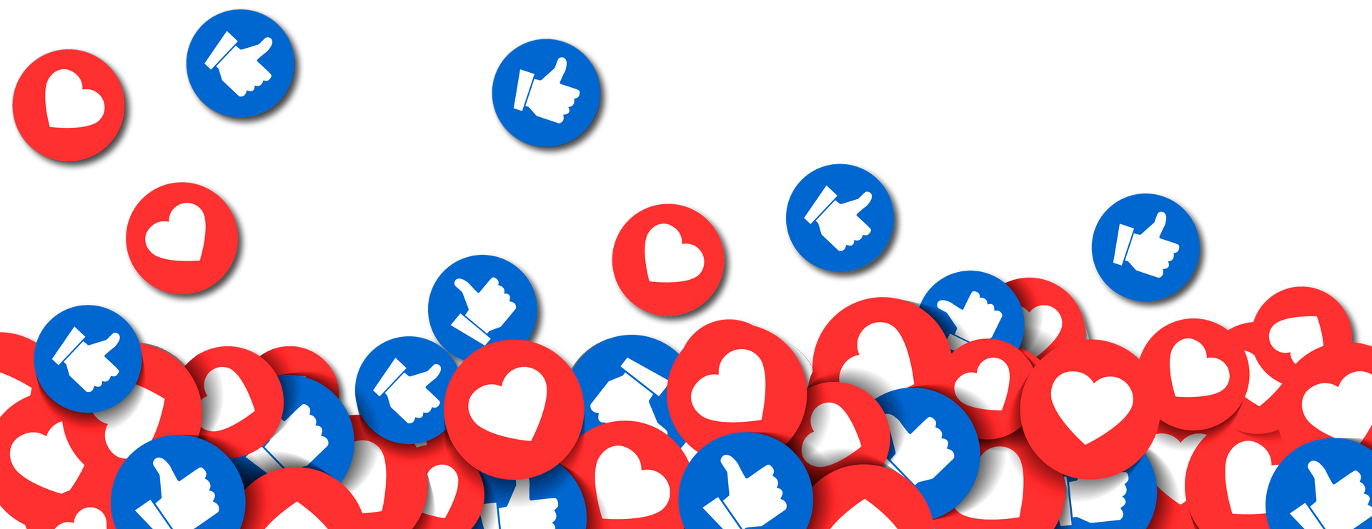 Red heart and blue thumbs-up social media icons scattered on a white background.