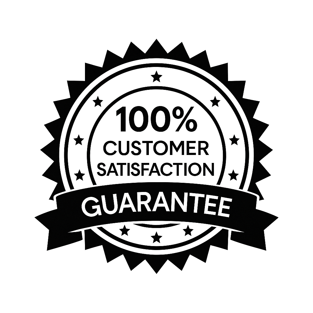 Black and white customer satisfaction guarantee badge with text 