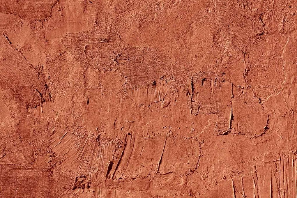 Close-up of a reddish-brown textured rock or clay surface with cracks and rough patterns