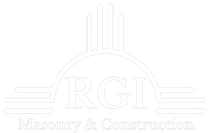 RGI Masonry & Construction logo in light gray with arch, pillars, and brick lines