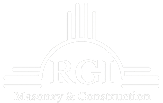 RGI Masonry & Construction logo in light gray with arch, pillars, and brick lines