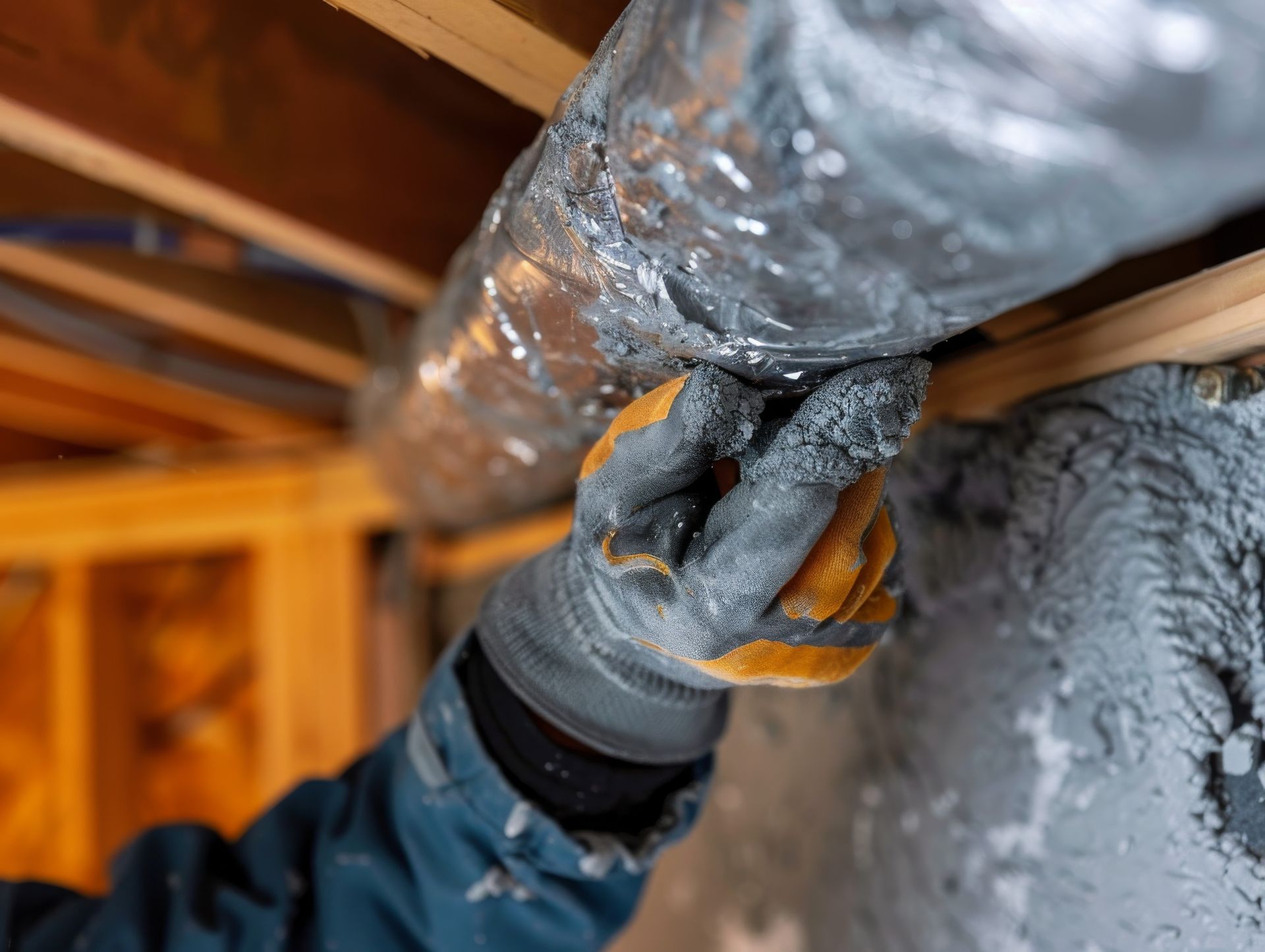 Gloved worker spraying foam insulation into an attic cavity