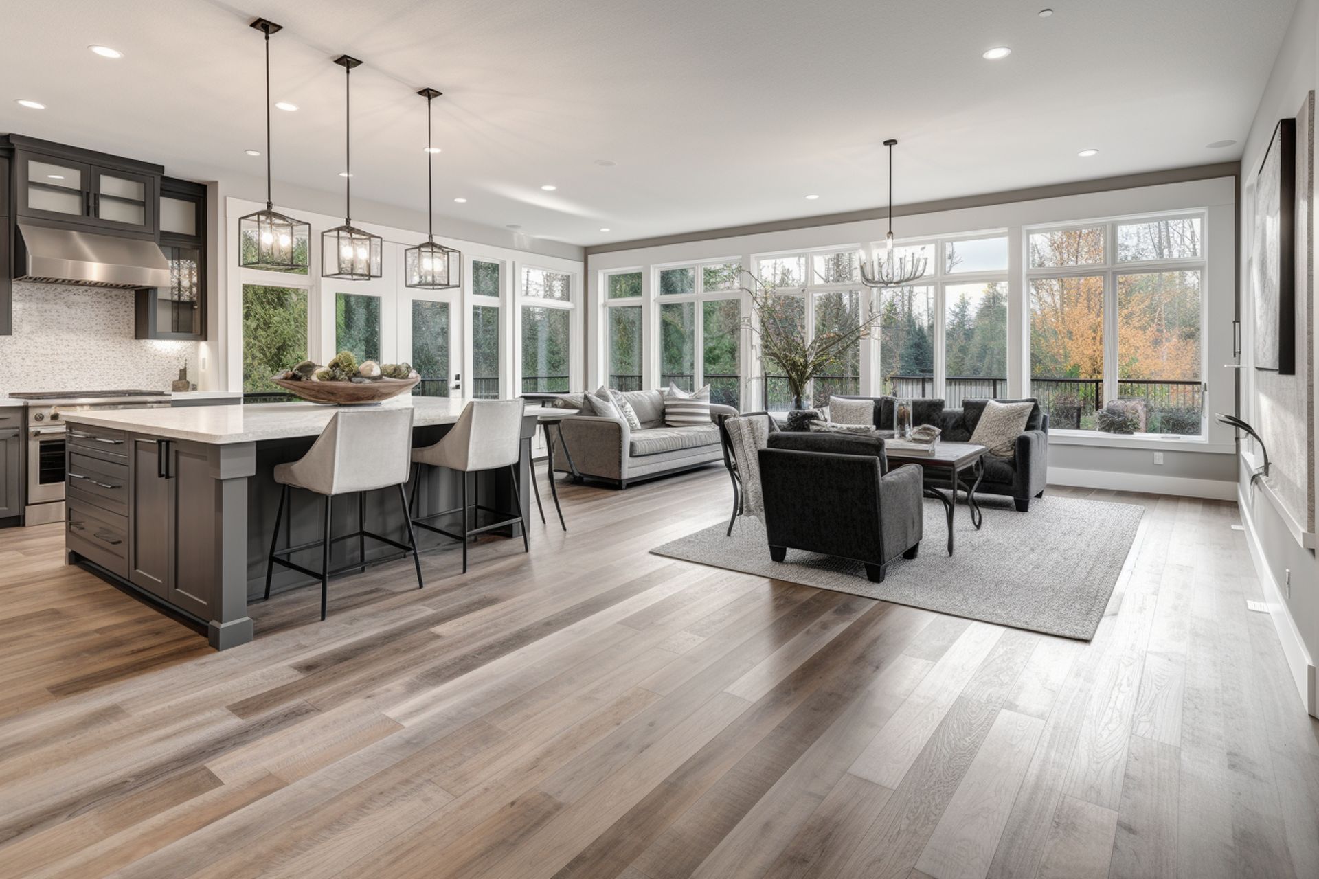 Open-concept kitchen and living area with gray cabinetry, a large kitchen island, and wall-to-wall windows.