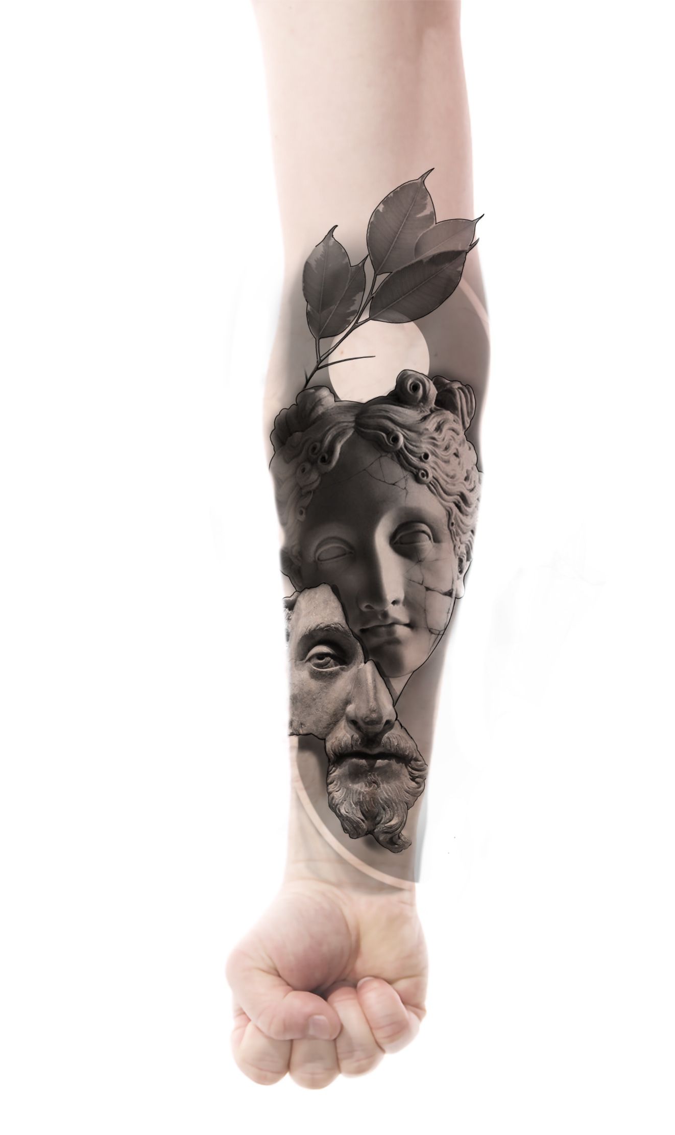 Eine schwarz-weiße Tätowierung auf dem Arm einer Person.