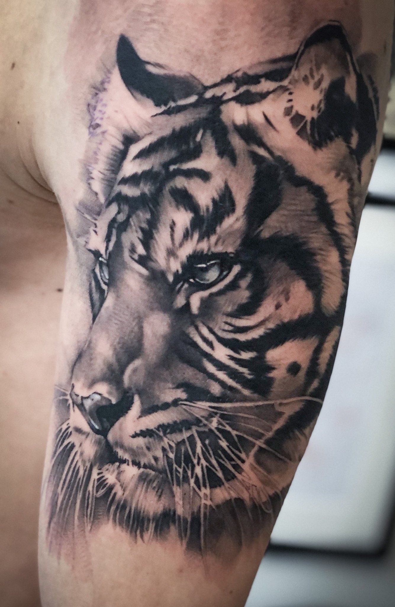 Ein Mann hat eine Tigertätowierung auf seinem Arm.