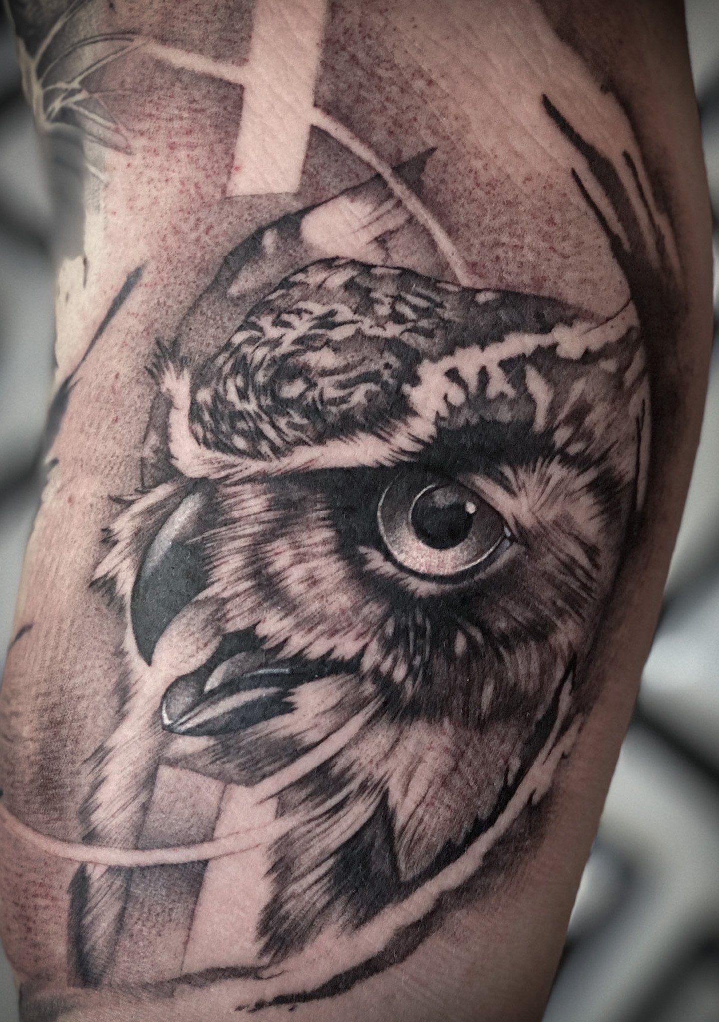 Eine schwarz-weiße Tätowierung einer Eule auf dem Arm einer Person.