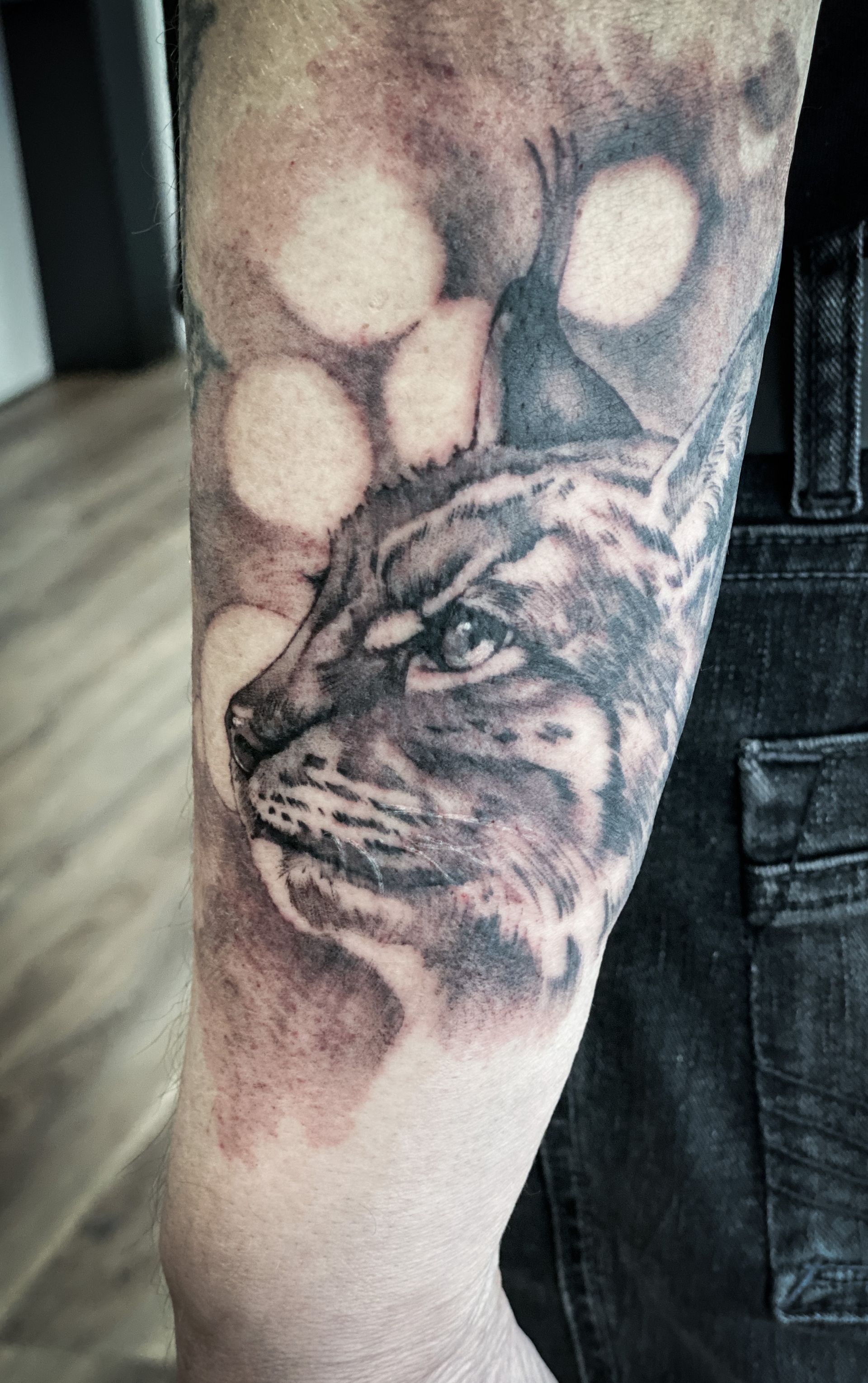 Eine Person hat eine Katzentätowierung auf dem Arm.