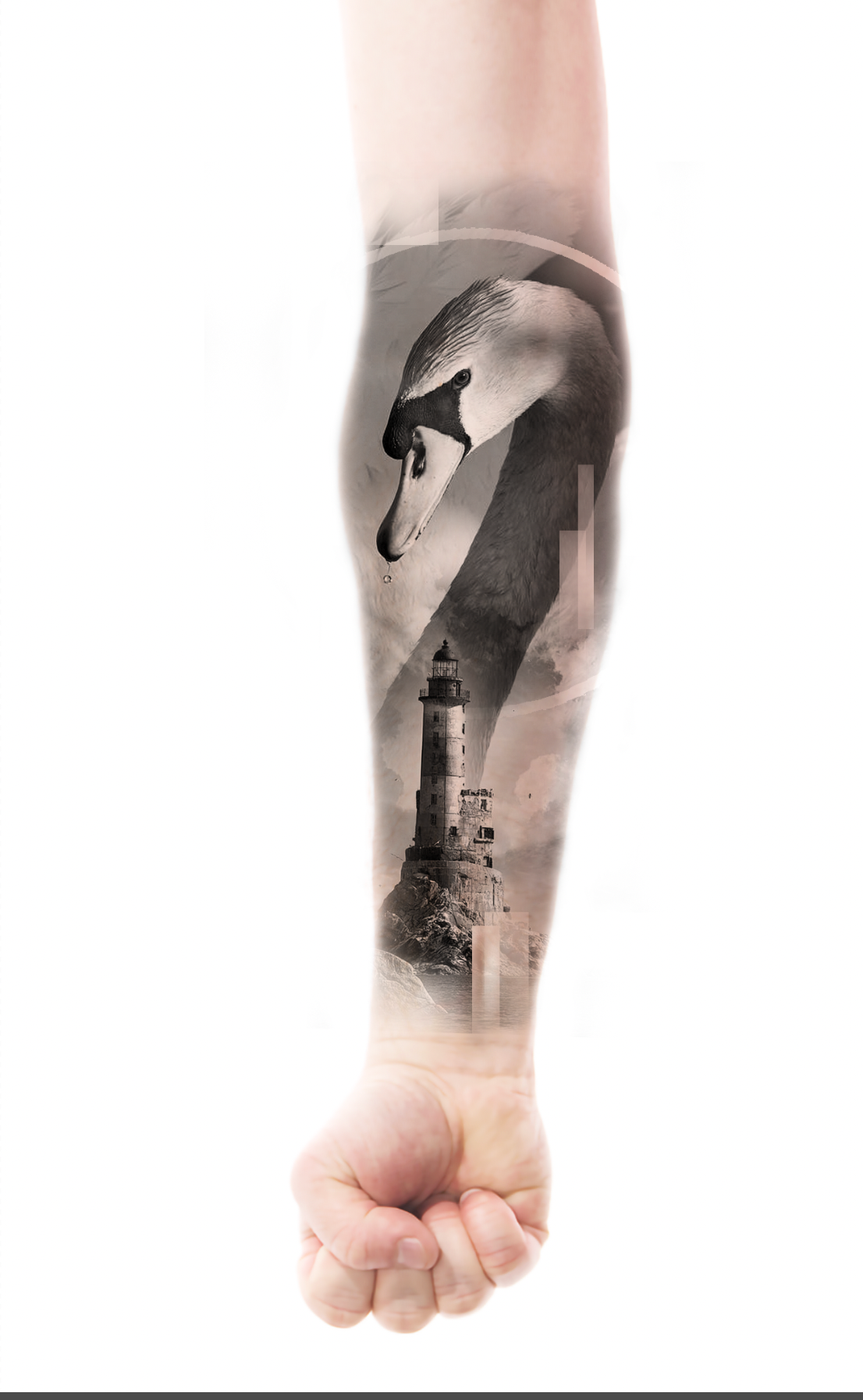 Ein Mann hat ein Tattoo mit einem Leuchtturm und einem Wal auf seinem Unterarm.