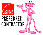 Owens Corning Preferred Contractor logo with Pink Panther mascot