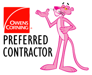 Owens Corning Preferred Contractor logo with Pink Panther mascot