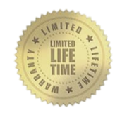 Gold circular seal reading “Limited Life Time” with stars and “warranty” around the edge