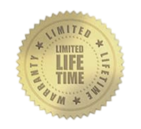 Gold circular seal reading “Limited Life Time” with stars and “warranty” around the edge
