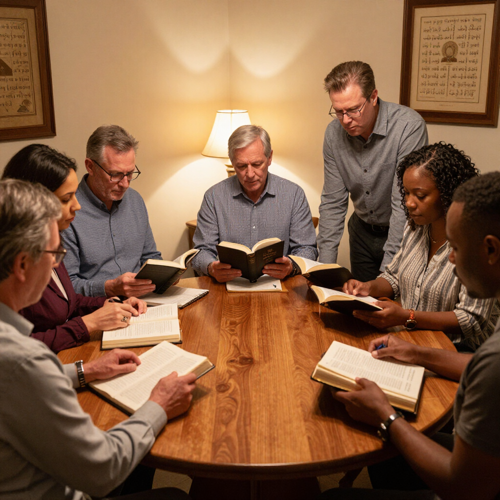 Small group reading books around a wooden table in a warmly lit room