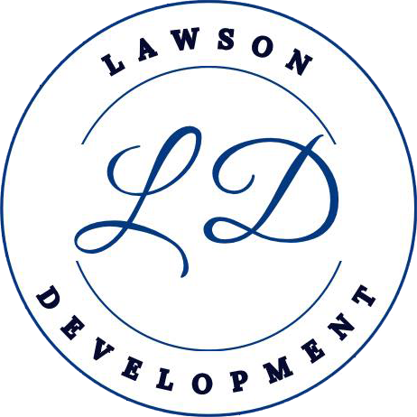 The logo for lawson development is a blue circle with the letters l and d inside of it.
