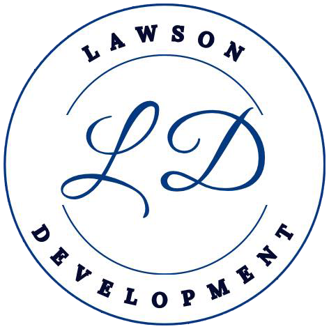 The logo for lawson development is a blue circle with the letter ld inside of it.