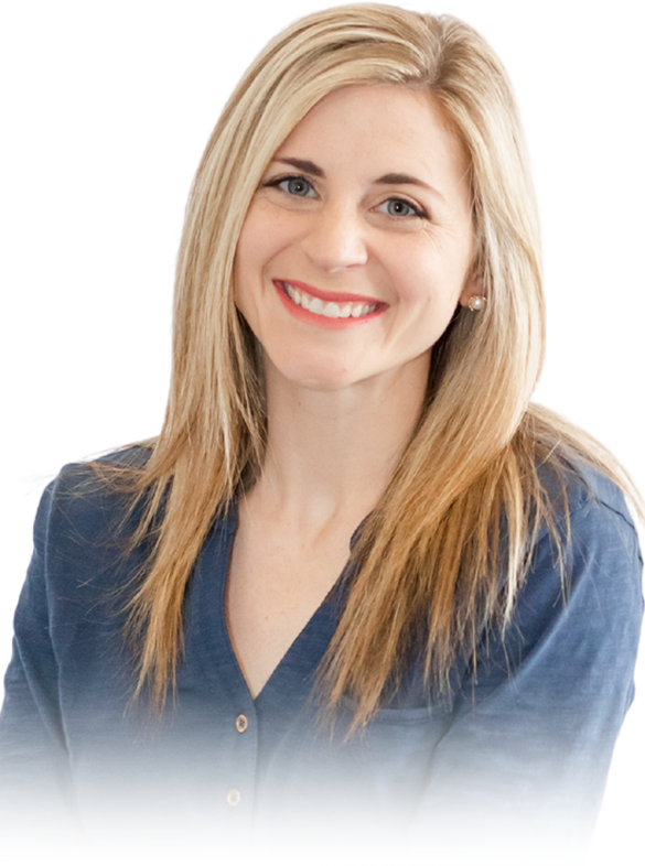 A woman with long blonde hair is smiling and wearing a blue shirt.
