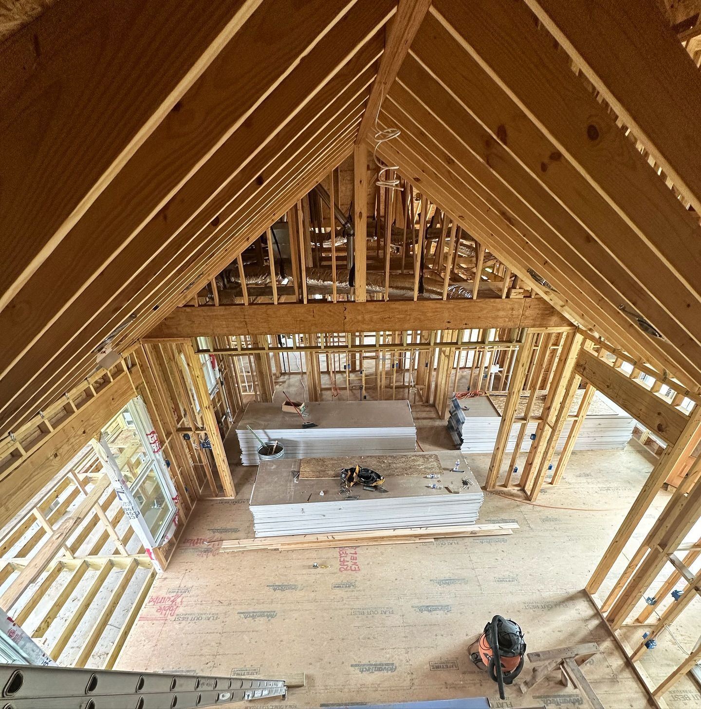 An aerial view of the inside of a house under construction