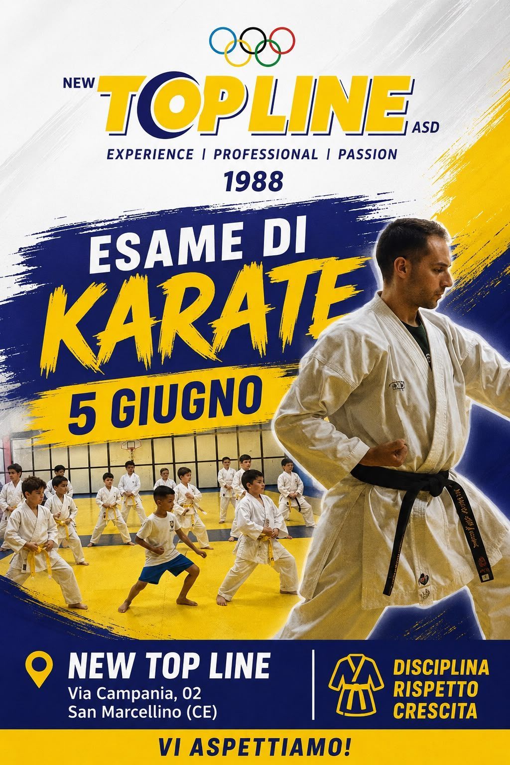  ESAME DI KARATE – NEW TOP LINE ASD   La New Top Line ASD invita tutti gli atleti e le famiglie agli Esami di Karate, un appuntamento importante che rappresenta il percorso di crescita tecnica, educativa e personale dei nostri allievi.   5 Giugno 2026  Ore 18.00  New Top Line ASD Via Campania, 02 – San Marcellino (CE)  Durante l’esame gli atleti presenteranno tecniche, kata ed esercizi pratici svolti durante l’anno sportivo, dimostrando concentrazione, disciplina, rispetto e determinazione.  Un momento speciale per valorizzare l’impegno dei nostri karateka e condividere insieme i veri valori dello sport.   Vi aspettiamo numerosi!