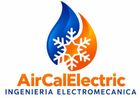 Logotipo de AirCalElectric con llama azul y naranja, copos de nieve blancos y el texto “Ingenieria Electromecanica”.