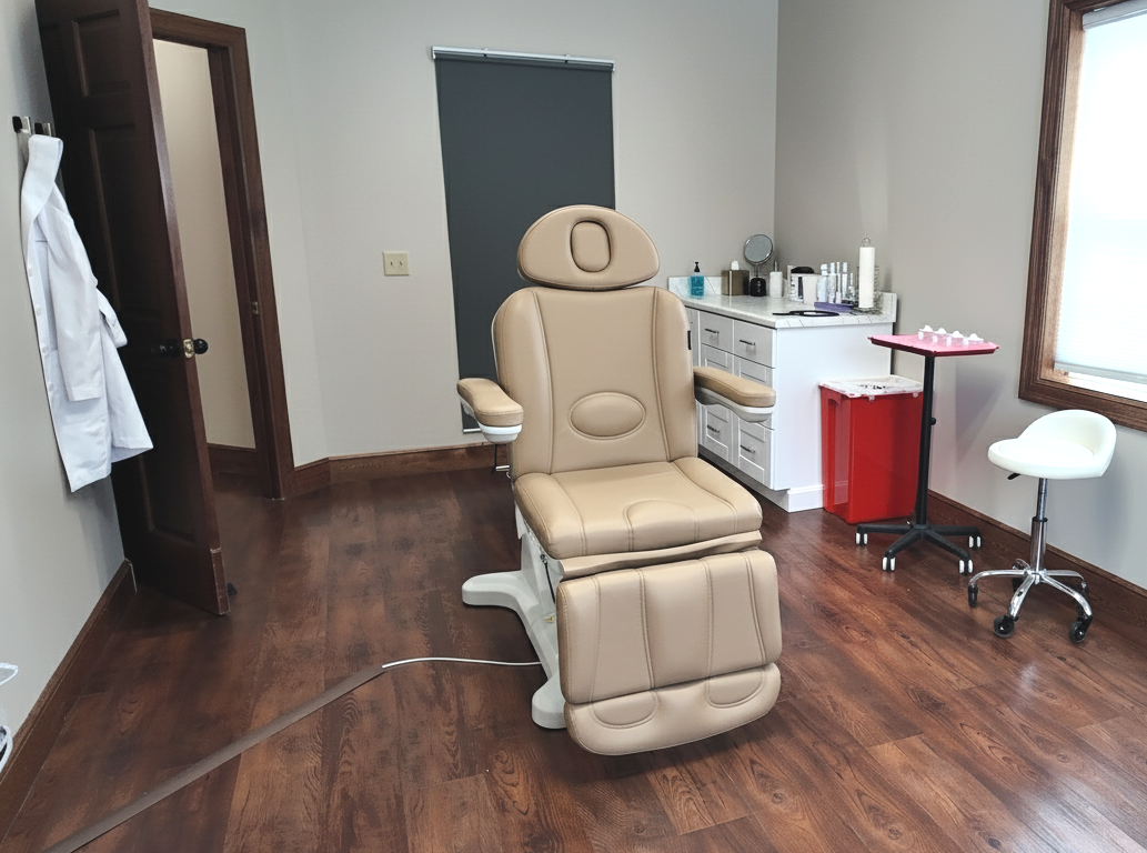 Medical examination room with a beige adjustable chair, red biohazard bin, and a white coat.