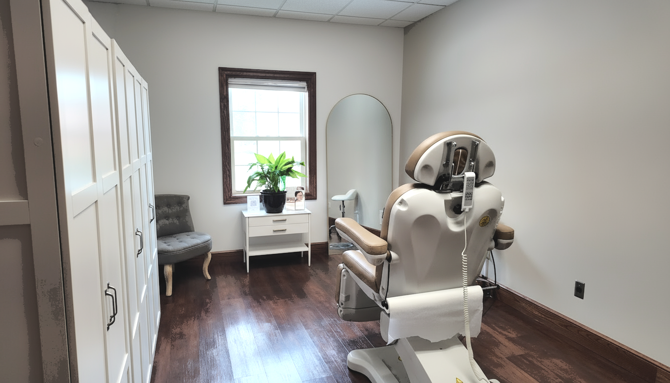 A salon interior featuring a chair, mirror, storage cabinets, and a window with a plant.