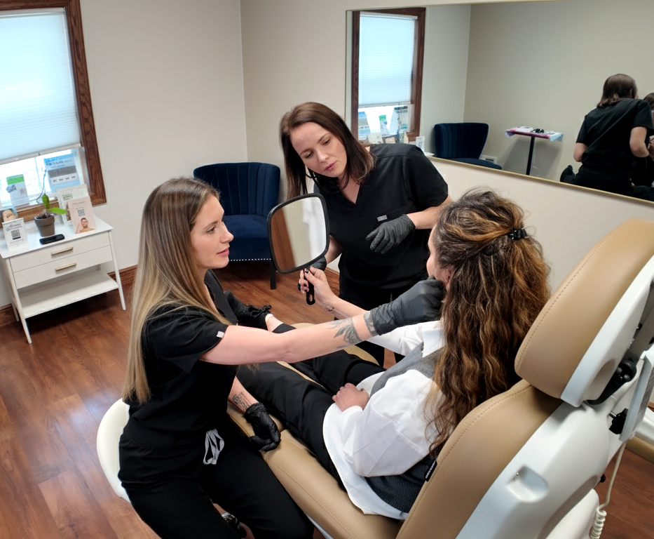 Two professionals show a woman her face in a mirror in a dental chair. Office setting.
