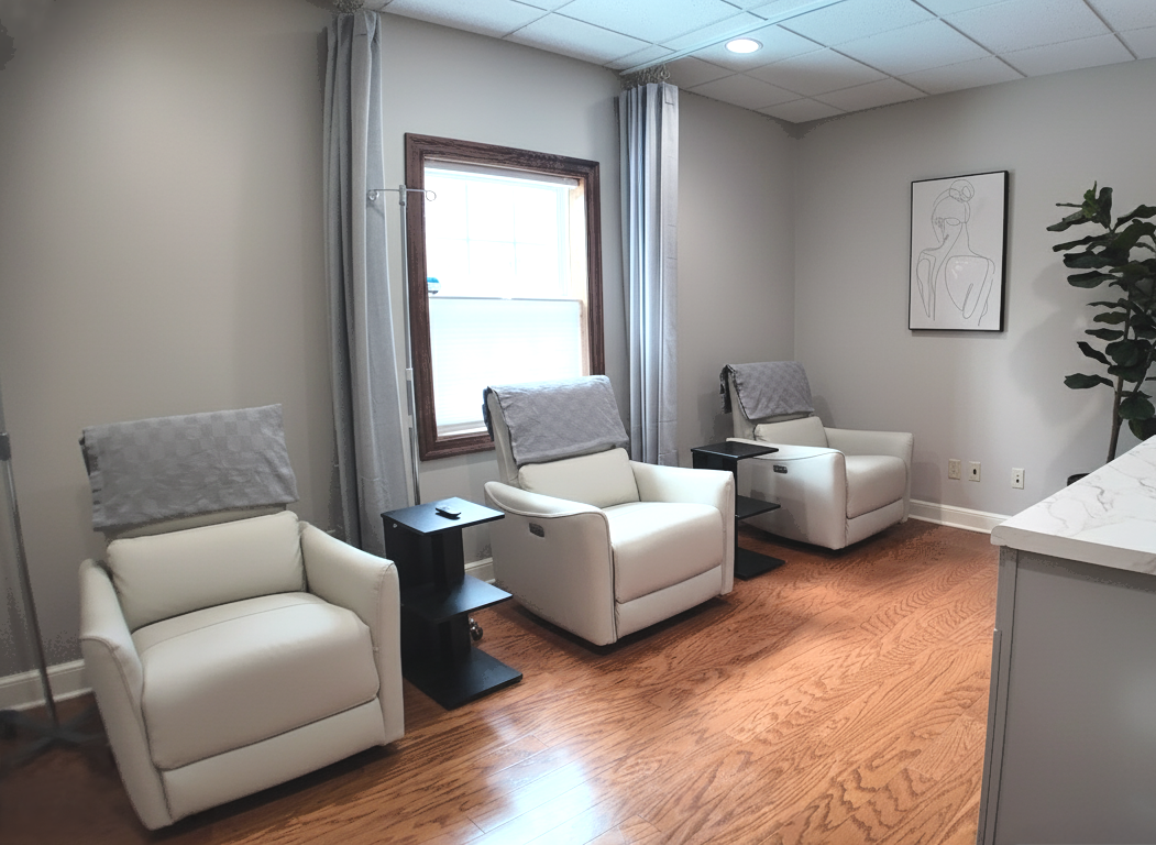 Three white reclining chairs in a room with a window, curtains, and artwork. Hardwood floors.