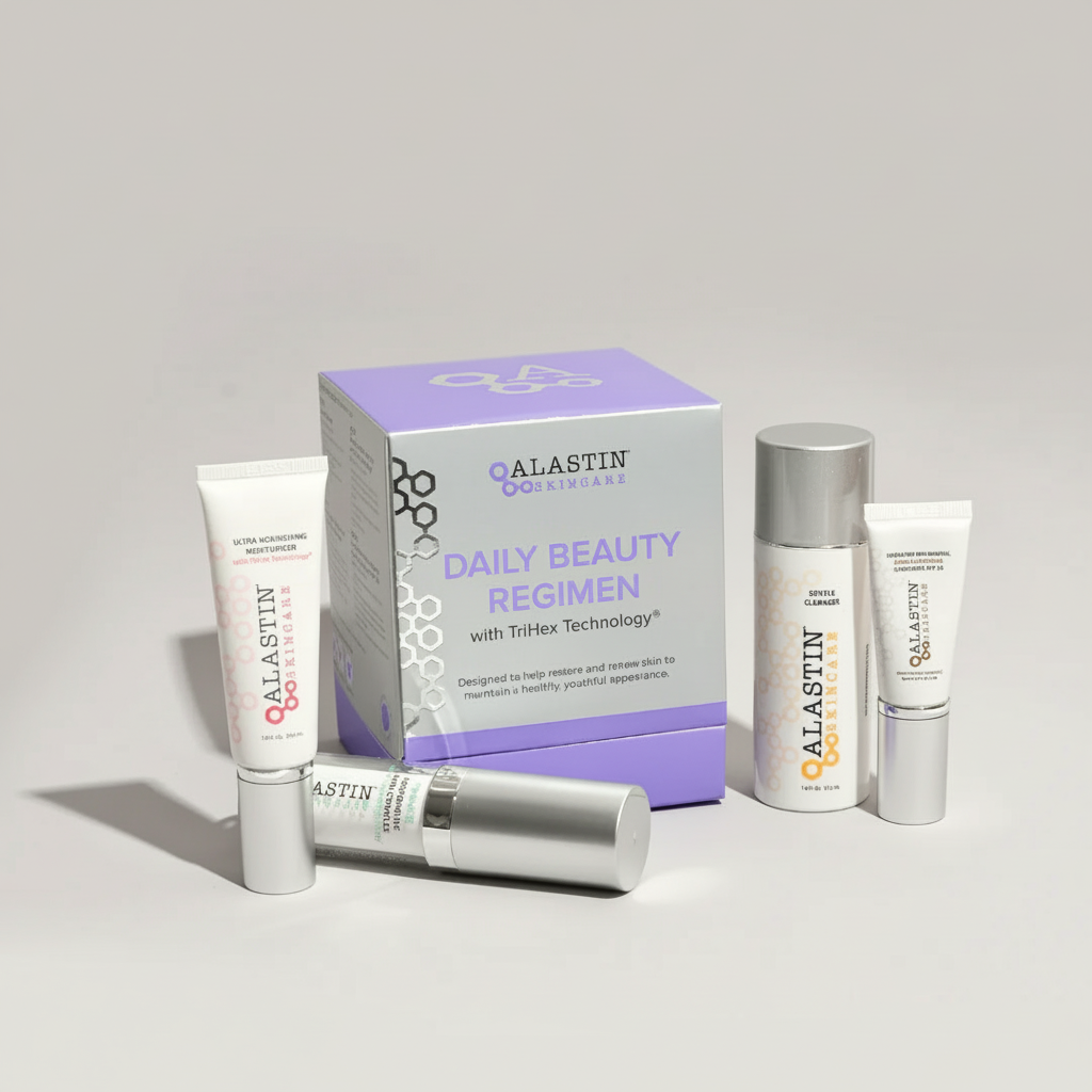 Skincare set: box and four cosmetic bottles, light purple and silver tones.