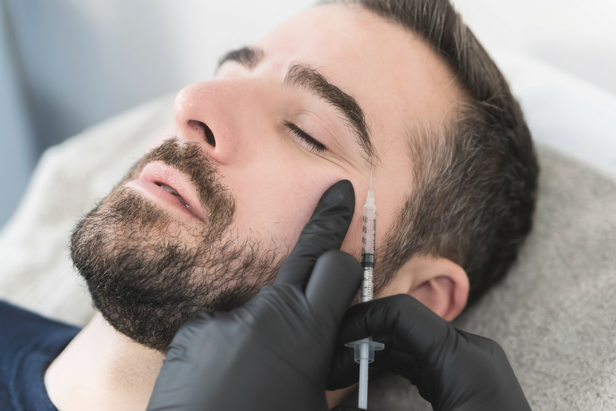 Man receiving injection near his eye, indoors, with gloved hands holding the syringe.