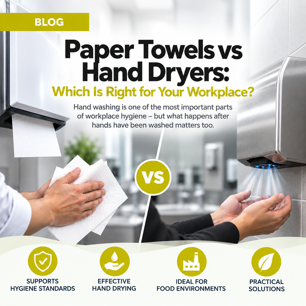 Paper towels vs hand dryers infographic, comparing hygiene and practicality in a restroom.