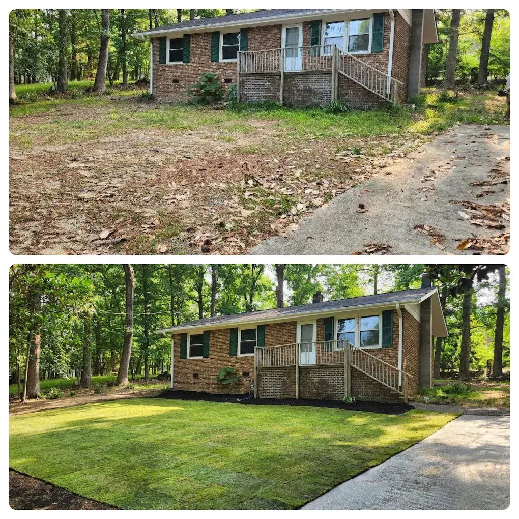 Before-and-after view of a brick house front yard, from patchy dirt to a freshly mowed lawn.