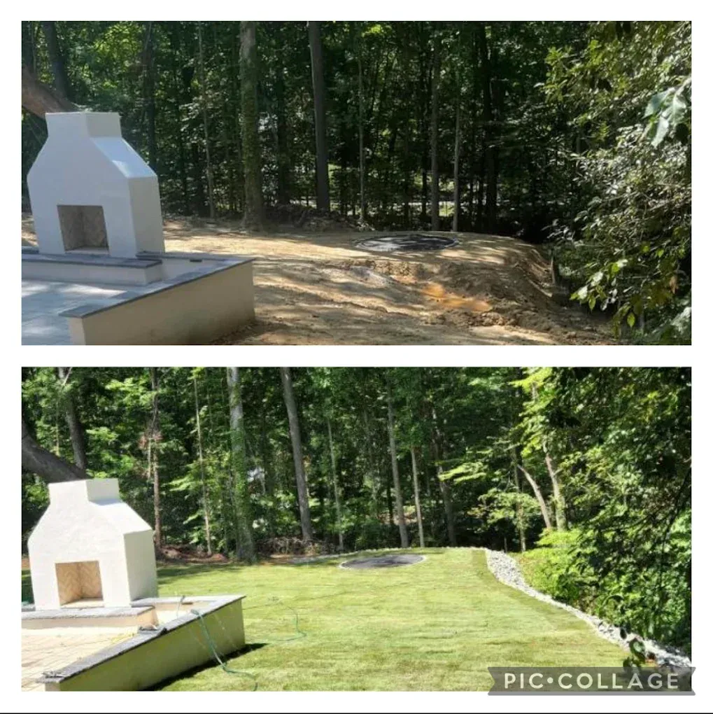 Before-and-after yard view: dirt lot turns into a green lawn beside a small white structure and wooded trees.