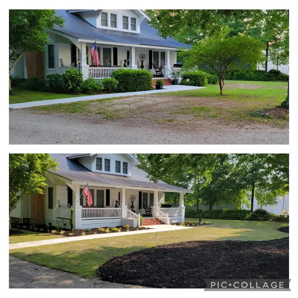 Split view of a white house and yard before and after landscaping, with a porch and American flag.