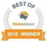 HomeAdvisor Best of 2018 Winner badge with gray laurel, orange ribbon, and house logo